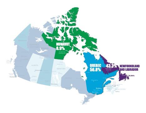 A map showing Percentages of iron ore and location in Canada.