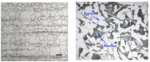 Micro view of Pure Iron at Room Temperature (left) and Steel containing 0.15% Carbon (right)