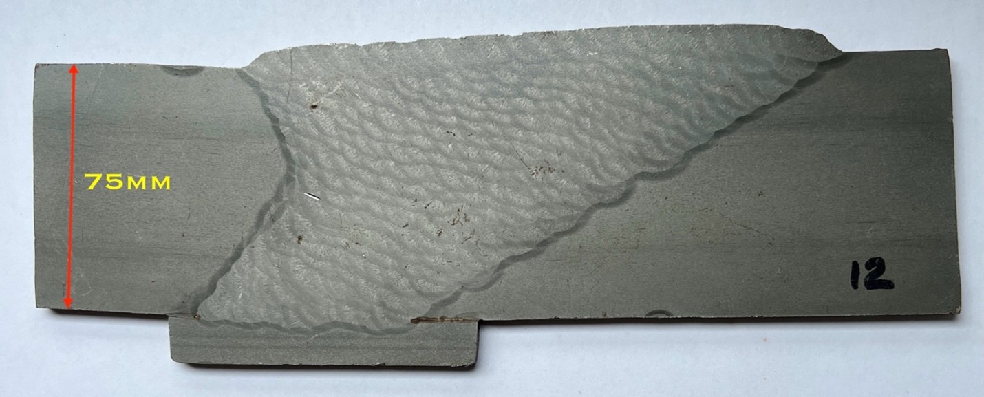 Illustration of a macrosection of a multipass Shielded Metal Arc Weld (SMAW) in a 75 mm thick carbon manganese ASTM A 516 Grade 