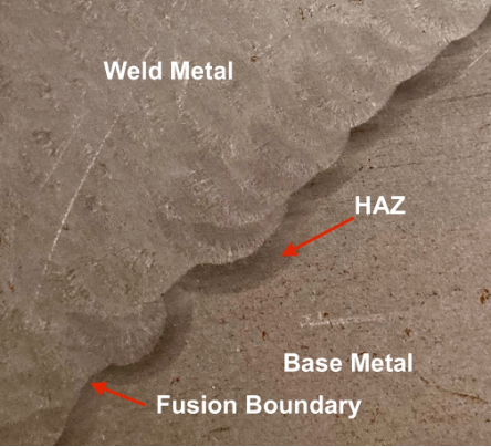 Macro of a SMAW Weld showing the three zones. Base Metal, Weld metal and the Heat Affected Zone (HAZ)