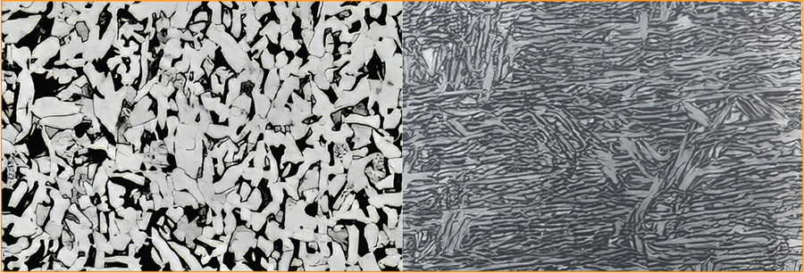 À gauche, une microstructure avec un mélange de ferrite et de perlite et à droite, une microstructure de martensite