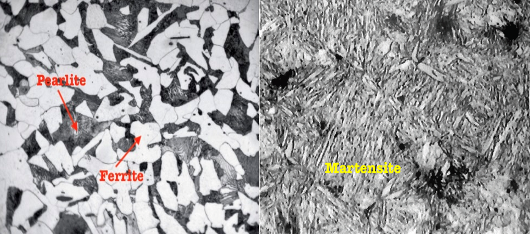 Left hand image showing a slow cooled 0.20% carbon steel exhibiting a Ferrite/Pearlite matrix. Right hand showing image steel of