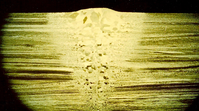 Illustration of a single pass autogenous EBW weld in Zircalloy of about 5 mm in thickness
