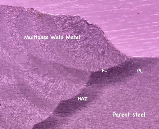 Macro showing Weld Metal and Heat Affected Zones